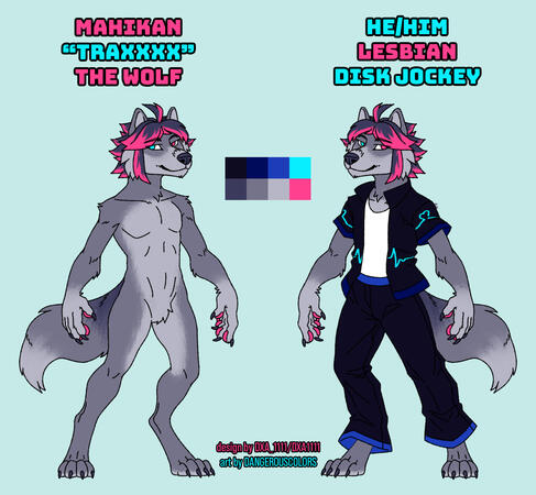reference sheet of an anthropomorphic wolf character with grey fur, pink paw pads, and fluffy dark blue hair with bright pink highlights. the left view has him naked while the right view is clothed. the text reads: mahikan "traxxxx" the wolf. he/him, lesbi