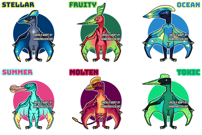 Untitled six anthropomorphic pterosaurs. in order they are: a grey star-themed pteranodon with blue and yellow accents labeled "stellar a red/pink and green geosternbergia with striped patterns labeled "fruity" a dark blue, turquoise, yellow, and aqua hatzegoptery