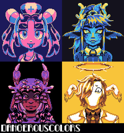 Untitled compiled pixel art icons. in order they are: an anime-style nurse character with horns and fangs, blue and pink palette. blue and yellow dragon-person with horns, scales on their face, and dragon ears. pink, brown, and purple dark skinned man with curly