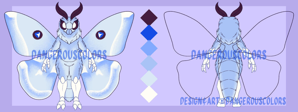 reference sheet of an anthropomorphic moth character. she has large purplish-brown eyes, almost black, with large white pupils, and dark antennae. the rest of her body is varying shades of cold pale blue and white. on the left is her in front view, and on