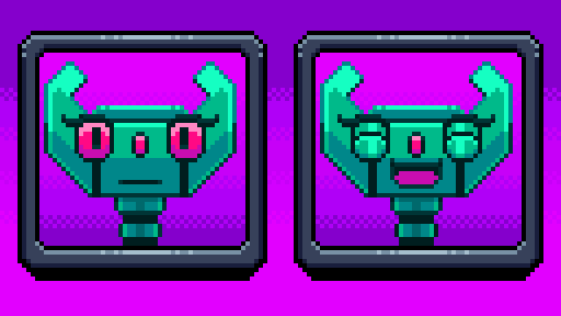 2-frame animated sprite of a talking sword hilt. she is green with pink eyes and a pink nose. the left sprite is a neutral-expression talking sprite, and the right sprite is a joyful/laughing sprite.