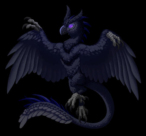 Untitled lineless painted fullbody illustration of an avian monster in flight. its feathers are dark purple, almost black. its wing claws and feet are grey with black talons. its beak is toothed, and its visible eye is a luminous purple. it has an owlish face and a