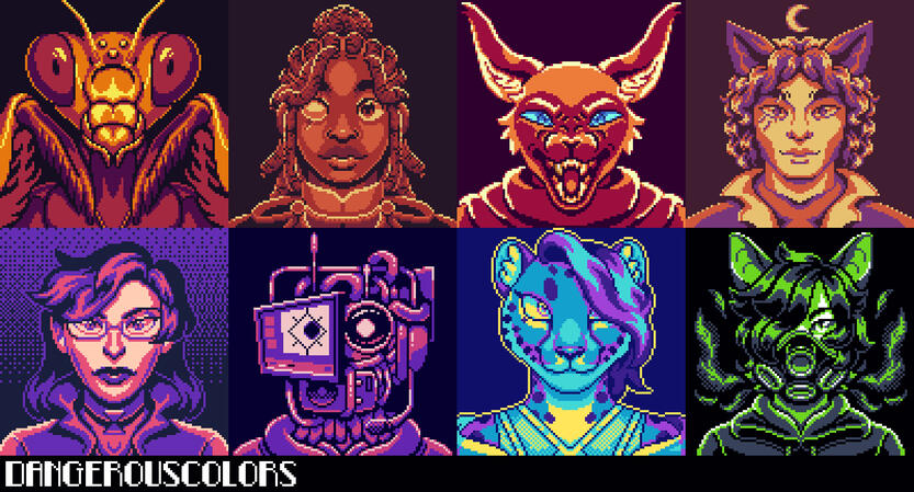 Untitled various 100x100 pixel icons with limited palettes. in order from left to right, top to bottom: a mantis rendered in warm reds, a man with locs rendered in warm browns, an anthropomorphic cat in warm reds, a man with wolf ears in purples and warm colors, a