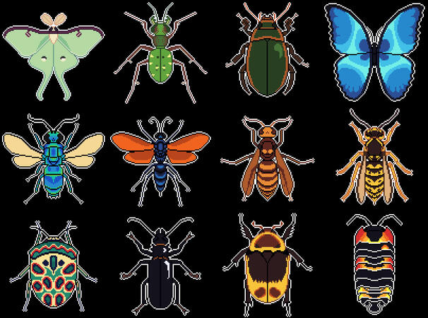 pixel art of different insects in dorsal view. top row left to right: luna moth, green tiger beetle, great diving beetle, blue morpho butterfly. middle row: cuckoo wasp, tarantula hawk wasp, asian giant hornet, common wasp bottom row: picasso bug, palo