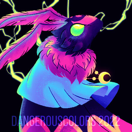 an anthropomorphic moth in neon blacklight colors on a dark background with green/yellow lightning in the background.
