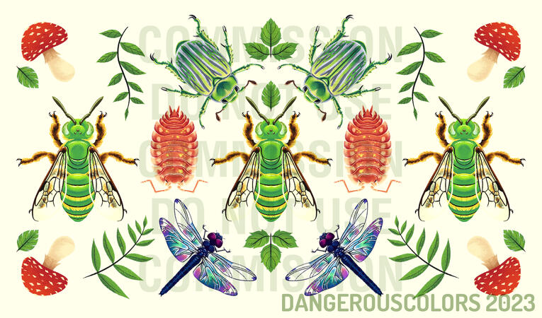 Untitled a symmetrical arrangement of various illustrated leaves, mushrooms, and arthropods including beetles, dragonflies, bees, and isopods.