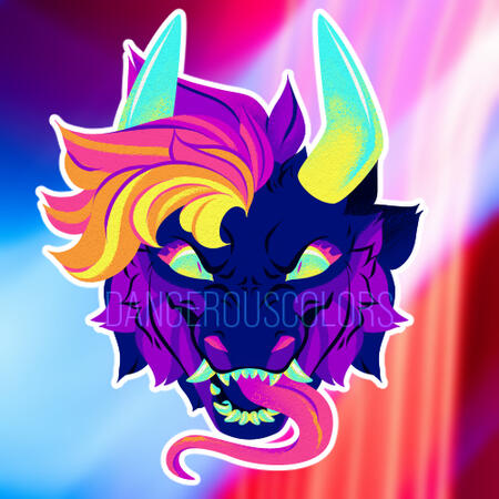 Untitled a mostly symmetrical digital icon of a floating mammalian dragon's head, rendered in a semi-lined style with solid blocks of color and some lines for extra definition. the dragon is a deep blue with lighter purple stripes on its fluffy cheeks. it has wild