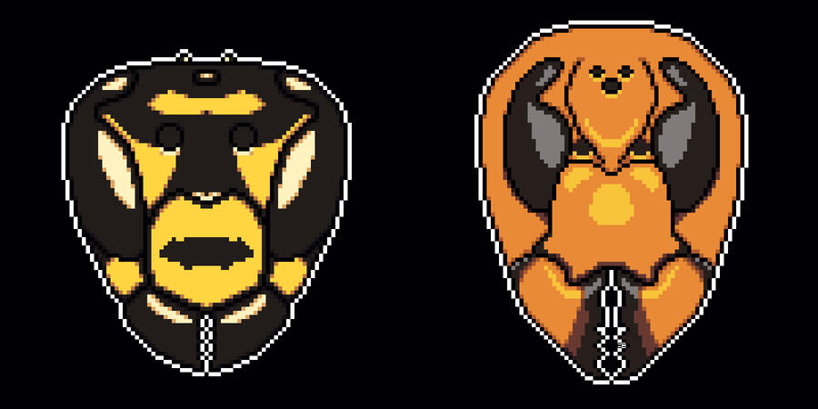 Untitled two sprites of wasp faces without antennae for clarity. on the left is the european paper wasp, with proportionally bigger eyes and smaller mandibles. on the right is the asian giant hornet, which has a proportionally longer face and smaller eyes